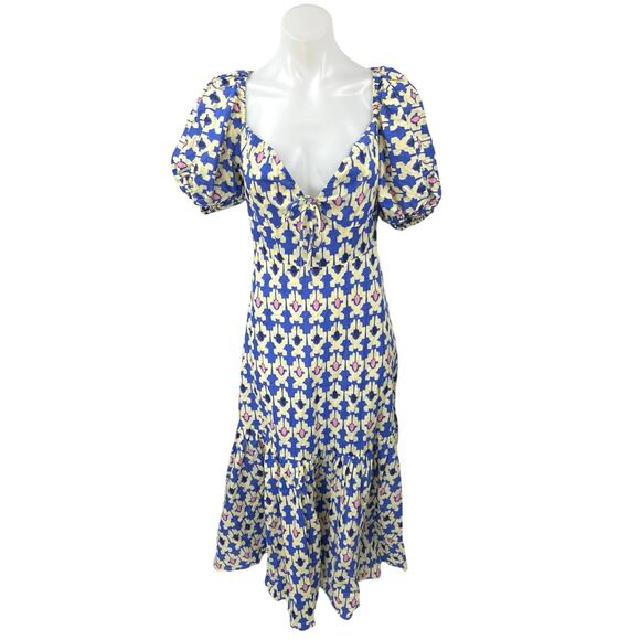 Zara Blue White Printed Short Puff Sleeve Smocked V-Neck Midi A-line Dress Sz L - Picture 4 of 8